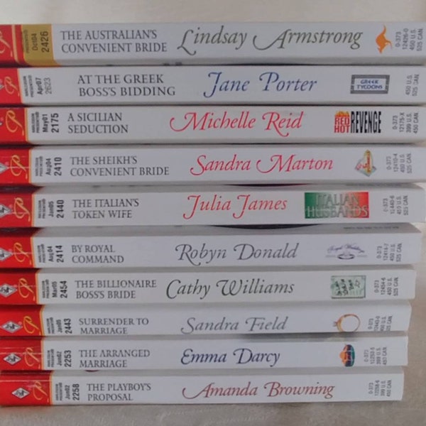 Group of 10 romance paperback books. Early 2000s era and back into 1990s. Assorted titles. Good condition.