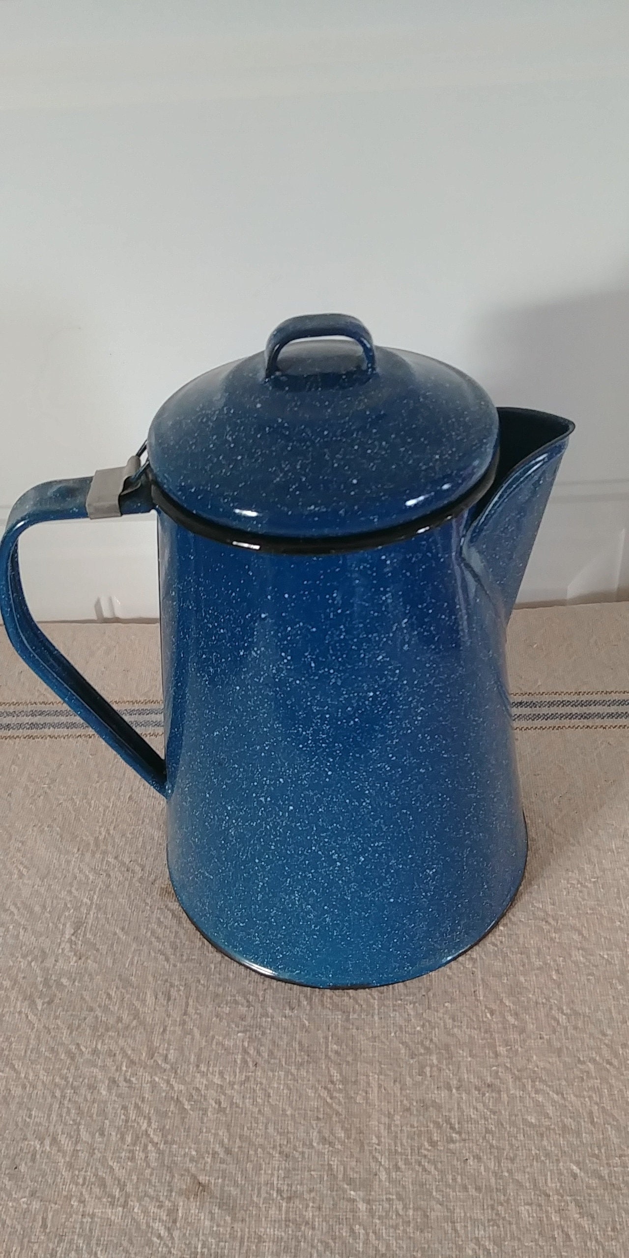 Enamelware Cowboy Coffee Pot Blue Speckled 8 1/2 tall & 5 wide