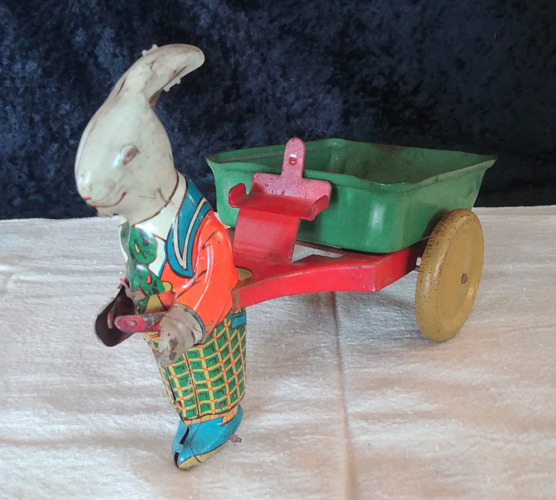 1930s Tin Toy Rabbit Pulling Cart – Easter Decor, Antique Toy ...