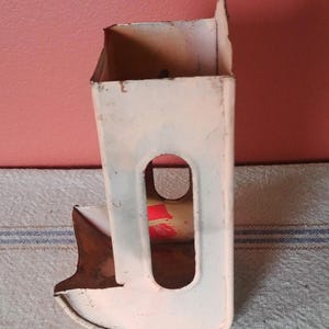 Antique metal match safe. Tin holder for stick matches. Wall hanging primitive. Hold a box of wooden matches, open sides to access striker.