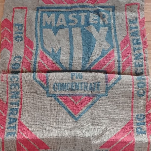 Master Mix burlap feed sack. Pig feed burlap bag. 38" x 21" size. Logo on both sides. Good condition.