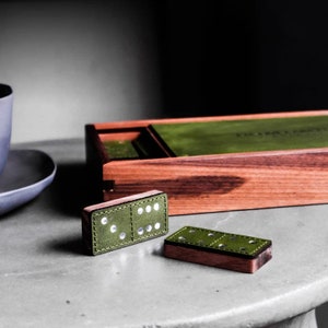 Handcrafted Dominoes Set Double 6 - Dominoes Set Walnut Case - Wooden Dominos Set - Walnut & Waxed Leather Dominoes Pieces - Premium Gift