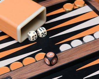 Luxury Backgammon Set – 14" Backgammon Board, Premium Walnut, Brass & Leather Large Board Game, Elegant Gift for Him
