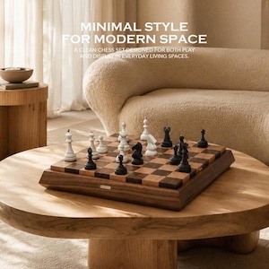 Op de afbeelding: Een houten schaakspel met een vierkant bord met afwisselend licht- en donkerbruine vakjes, vergezeld van witte en zwarte schaakstukken. De tekst MINIMAL STYLE FOR MODERN SPACE is zichtbaar boven het bord.