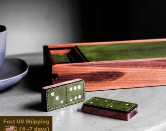 Handcrafted Dominoes Set Double 6 - Dominoes Set Walnut Case - Wooden Dominos Set - Walnut & Waxed Leather Dominoes Pieces - Premium Gift