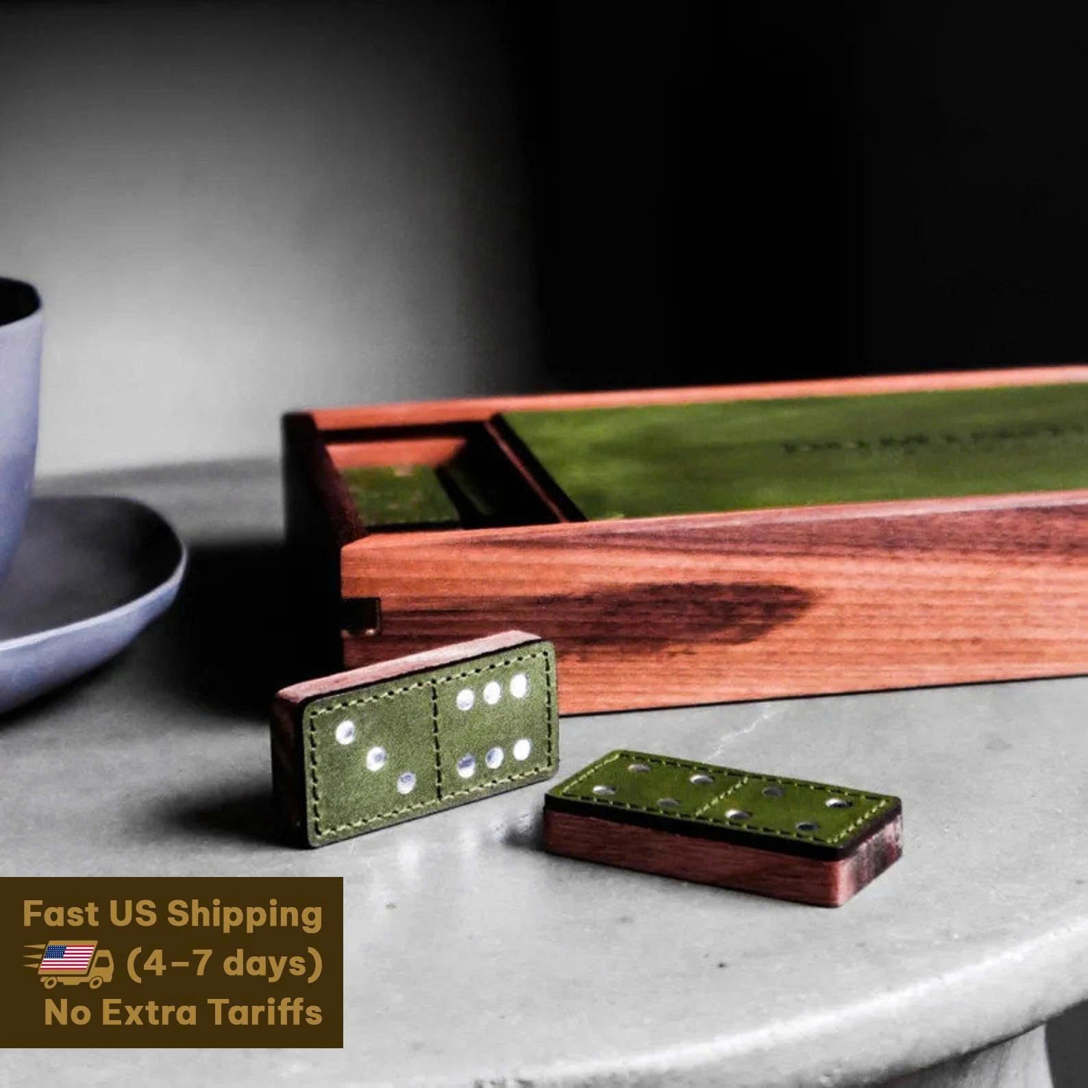 Handcrafted Dominoes Set Double 6 - Dominoes Set Walnut Case - Wooden Dominos Set - Walnut & Waxed Leather Dominoes Pieces - Premium Gift