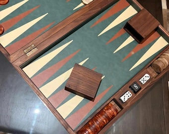 Luxury Large Backgammon 19" Board – Walnut & Beech Wood, Microfiber Vegan Leather Surface, Resin Checkers – Elegant Gift for Men, Home Decor
