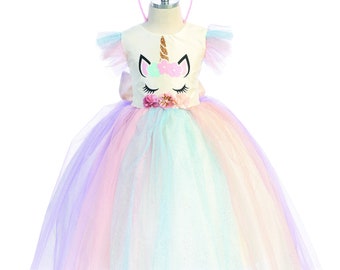 Little Girls Unicorn Pastel Rainbow Tulle One Piece Girls Birthday Dress + Unicorn Head Band