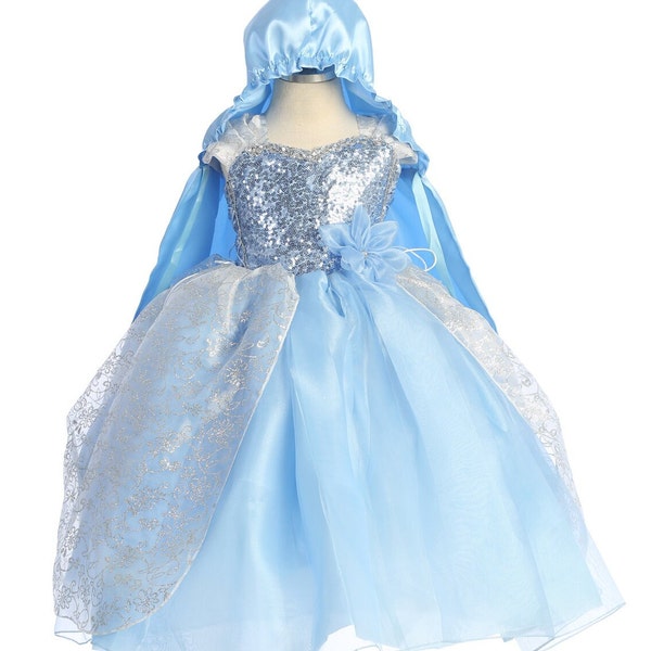 Little / Big Girls Princess Inspired Frozen Elsa Birthday Dress with Hooded Cape