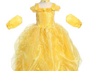 Little / Big Girls Princess inspired Belle Beauty and the Beast Birthday Dress + Free Choker & Head Band