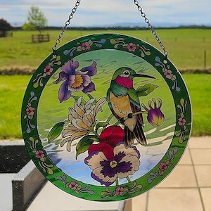 Hummingbird Stained Glass Suncatcher, Colorful Birds Flowers Window Hanging, Vibrant Sun Catcher for Home & Garden, Nature-Lover Gift