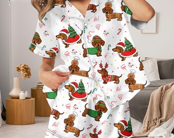 Pijama navideño de perro salchicha para mujer, pijama festivo con mangas, regalo divertido de perro salchicha