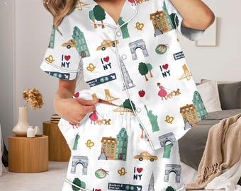 Conjunto de pijama de Nueva York, Pijama "Amo Nueva York", Pijama con el horizonte de Nueva York, Pijama de viaje urbano adorable, Conjunto de estar por casa con botones para mujer
