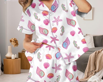 Seashell Pajama Set, Beach Print Sleepwear, Summer Loungewear for Women, Starfish and Shell Pajamas, Coastal Gift for Her