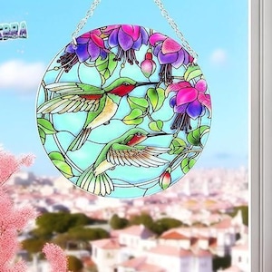 Hummingbird Stained Glass Suncatcher, Colorful Bird Window Hanging, Floral Sun Catcher Gift for Women, Window Decor for Home & Garden
