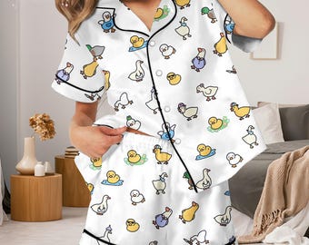 Conjunto de pijama con estampado de pato – Pijama de manga corta y larga con estampado de pato de dibujos animados, pijama divertido de animales para mujer, regalo perfecto para estar cómoda en casa en verano