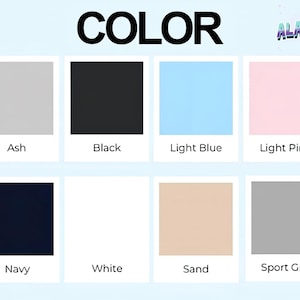 Puede incluir: Imagen que muestra una tabla de colores con la palabra "COLOR" en la parte superior. La tabla presenta ocho muestras de color: Ceniza, Negro, Azul claro, Rosa claro, Marino, Blanco, Arena y Gris deportivo. El logotipo "ALACEERRA" est&aacute; en la esquina superior derecha.