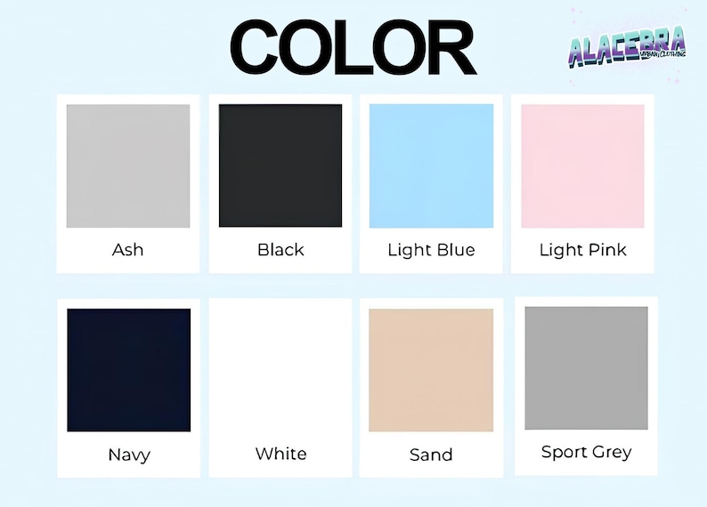 Puede incluir: Imagen que muestra una tabla de colores con la palabra "COLOR" en la parte superior. La tabla presenta ocho muestras de color: Ceniza, Negro, Azul claro, Rosa claro, Marino, Blanco, Arena y Gris deportivo. El logotipo "ALACEERRA" est&aacute; en la esquina superior derecha.