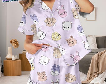 Cute Animal Faces Pajama Set, Kawaii Bunny Bear Dog Sleepwear, Women’s Short Long Sleeve Pjs, Soft Summer Loungewear, Cute Cartoon Pajamas