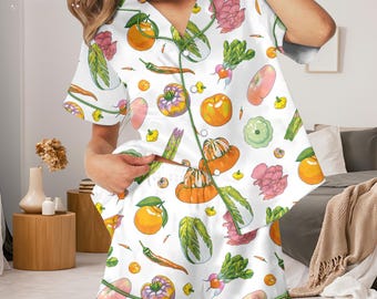 Vegetable Print Satin Pajama Set | Colorful Garden Sleepwear | Cute Foodie Gift for Her | Cozy Summer Lounge Set Women