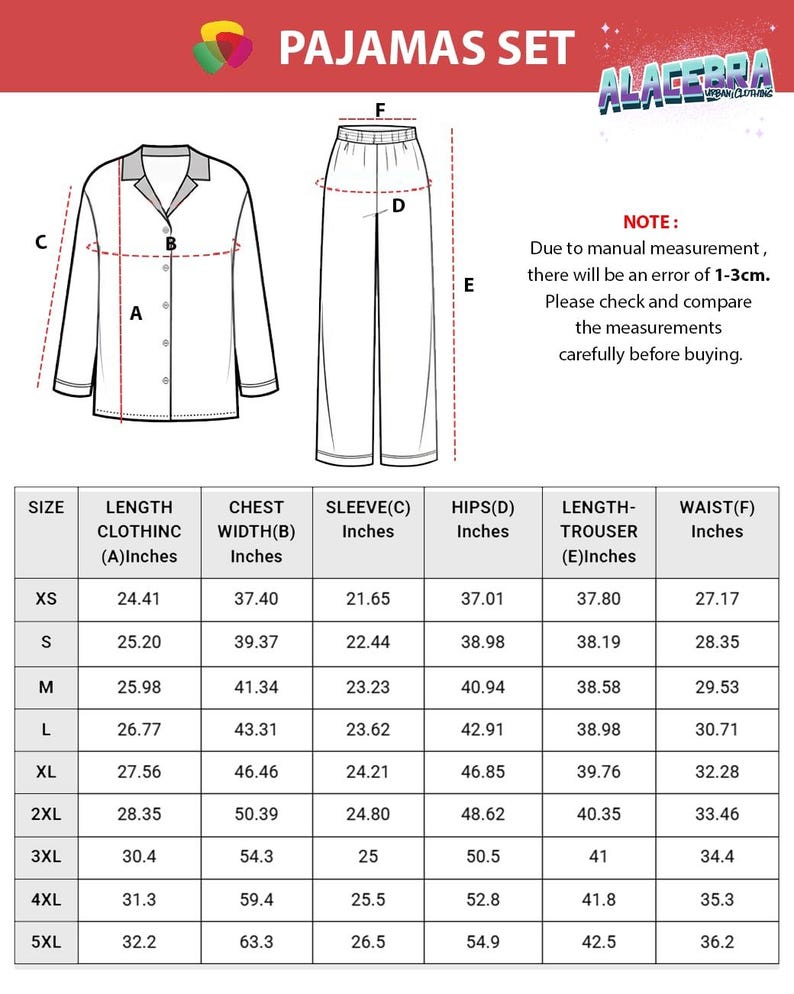 Puede incluir: Un conjunto de pijama blanco con ribete gris, mostrado con una tabla de tallas que detalla las medidas en pulgadas. La tabla incluye la longitud de la ropa, el ancho del pecho, la manga, las caderas, la longitud del pantal&oacute;n y las tallas de cintura de XS a 5XL.