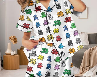 Cute Colorful Cartoon Pajamas Set – Kawaii Character Sleepwear for Women, Fun Rainbow Lounge Set, Matching Cartoon Pajamas Gift