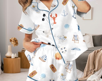 Coastal Nautical Pajama Set | Women’s Beach-Themed Summer Sleepwear | Lightweight Satin PJs | Cute Sailor Lounge Set with Sea Icons