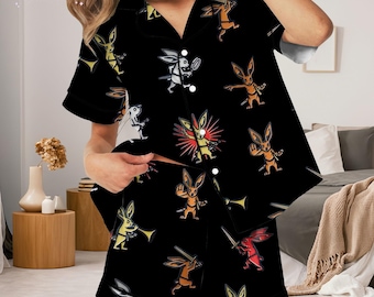 Dark Bunny Pajamas Set, Gothic Aesthetic PJs for Women, Cute Bunny Print Satin Sleepwear, Black Loungewear Shorts Long Set, Alt Gift for Her