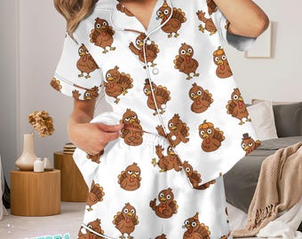 Pijama de pavo de Acción de Gracias para mujer: ropa de dormir divertida de otoño, estampado de pavo de dibujos animados, conjunto de manga corta, ideal para regalar en Navidad.