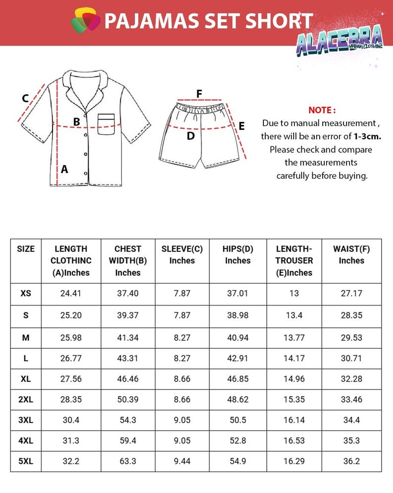 Puede incluir: Diagrama de un conjunto de pijama corto con medidas en pulgadas. El conjunto incluye una camisa con botones y pantalones cortos. La imagen tambi&eacute;n incluye una tabla de tallas con medidas de largo, ancho de pecho, manga, caderas, largo de pantal&oacute;n y cintura.