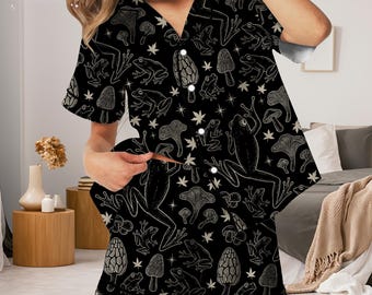 Conjunto de pijama de rana y hongo para mujer / Ropa de dormir de satén estilo cottagecore / Ropa de estar con estética de bosque oscuro / Regalo acogedor de naturaleza para ella
