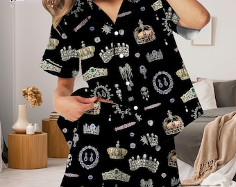Royal Crown Pajama Set, Luxury Sleepwear for Women, Black Elegant Loungewear, Queen Crown PJs, Gemstone Print Nightwear, Gift for Her