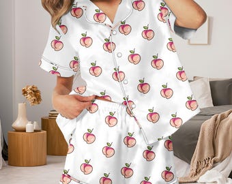 Peach Satin Pajamas Set, Cute Fruit Sleepwear, Pink Peach Polka Dot Sleepwear, Summer Lounge Set, Summer Gift Idea