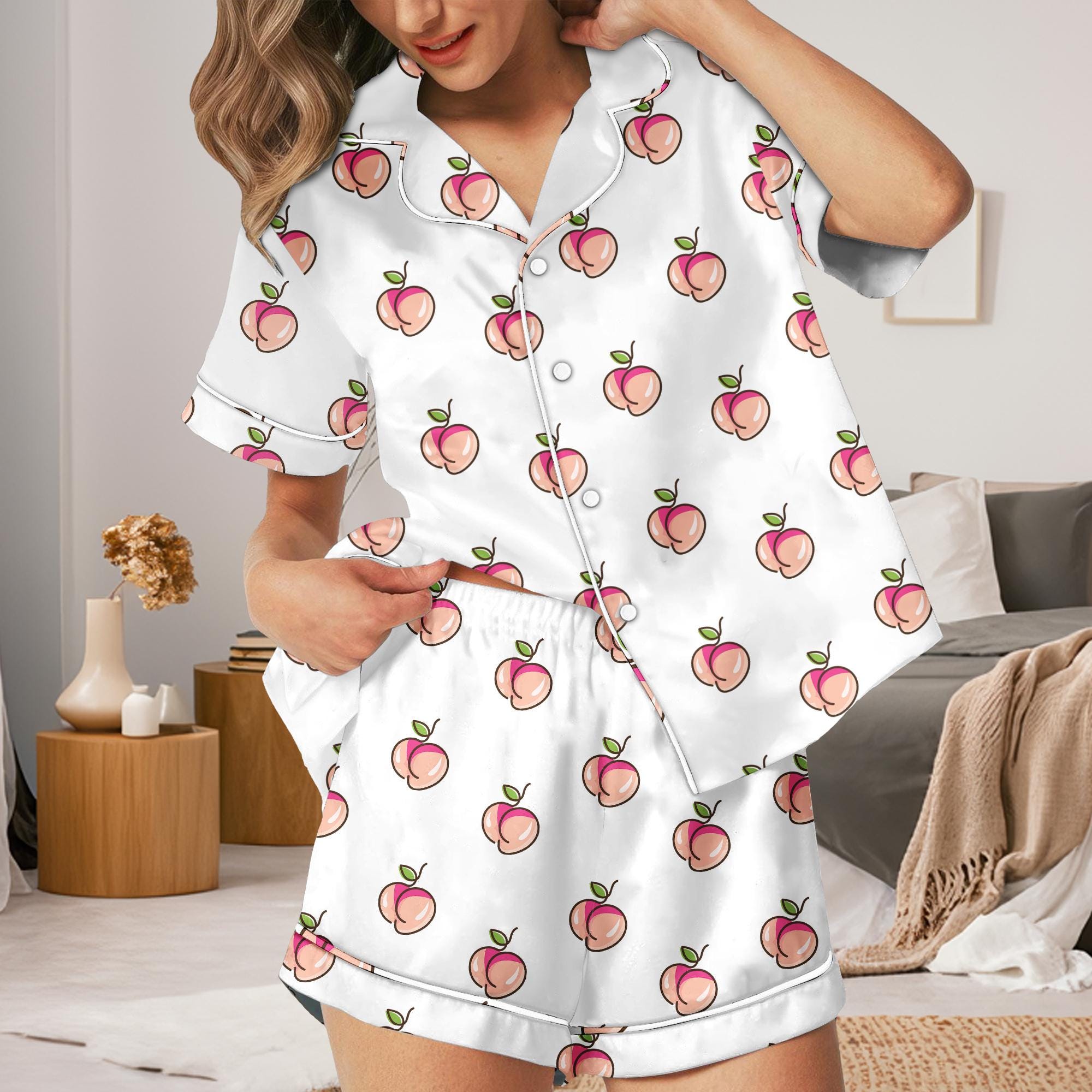 Discover Peach Satin Pajamas Set, Cute Fruit Sleepwear, Pink Peach Polka Dot Sleepwear