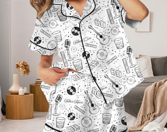 Father Figure Pajama Set for Women – Retro Music Print Sleepwear, Black and White Short - Long Sleeve Button Up Lounge Set