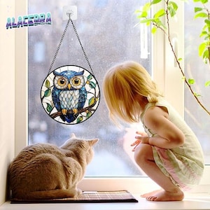 Stained Glass Owl Suncatcher – Diamond Glass Bird Panel, Hanging Window Decor, Owl Gift for Women, Birthday Nature Lover Ornament