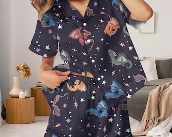 Conjunto de pijama de dragón bebé, pijama de fantasía acogedora, ropa de dormir kawaii para mujer, conjunto de manga corta y larga de dragón de dibujos animados