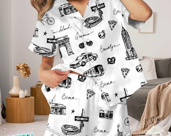 Pijama con dibujo de la ciudad de Nueva York para mujer, en blanco y negro, con el icónico edificio Empire State.