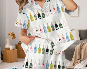 Ensemble pyjama bouteille de champagne pour femme - Joli pyjama en satin de vin, pyjama rigolo pour fille, cadeau d'enterrement de vie de jeune fille, vêtement de détente assorti
