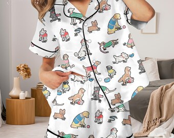 Pigiama con stampa di un simpatico cane - Pigiama a maniche lunghe e corte con cucciolo divertente, abbigliamento da casa per gli amanti dei cani, pigiama estivo da donna in regalo