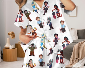 Leuke karakterpyjamaset, tekenfilmnachtkleding dames, pyjamaset met korte en lange mouwen met knopen, gezellige zomernachtkleding cadeau