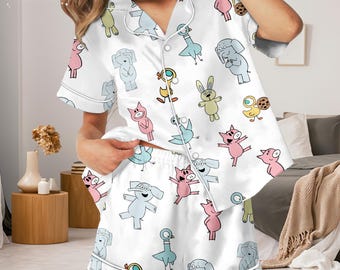 Cute Cartoon Animal Pajamas Set, Women’s Short Long Sleeve Sleepwear, Funny Cartoon Pajamas  Set, Soft Summer Loungewear,Cozy Nightwear Gift