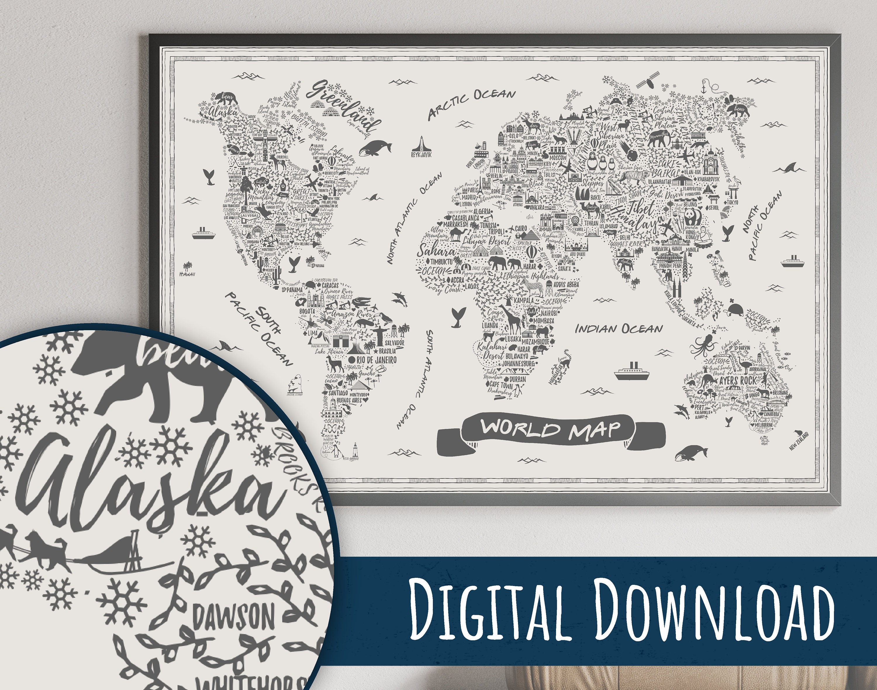 Typography World Map Digital Download Printable Wall Art Instant ...