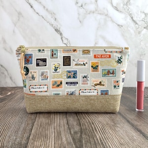Makeup Bag, Global Stamps Fabric, Travel Themed, Rifle Paper Co, Water Resistant Lining