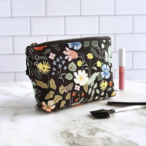 Makeup Bag, Rifle Paper Co Strawberry Fields Fabric, Black Background, Toiletry Pouch