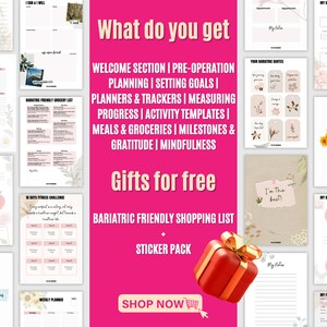 May include: A digital planner with a pink and white design, featuring sections for welcome, planning, goals, trackers, and more. Includes a free shopping list and sticker pack. The text reads "What do you get" and "Gifts for free".