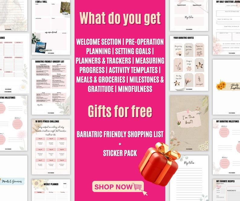 May include: A digital planner with a pink and white design, featuring sections for welcome, planning, goals, trackers, and more. Includes a free shopping list and sticker pack. The text reads "What do you get" and "Gifts for free".