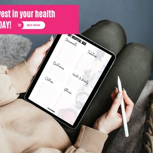 May include: A digital tablet displaying a "My Hospital Bag" checklist, including sections for documents, toiletries, electronics, clothes, health & beauty, and other items. The tablet is held by a person. The image also includes the text "Invest in your health TODAY!"