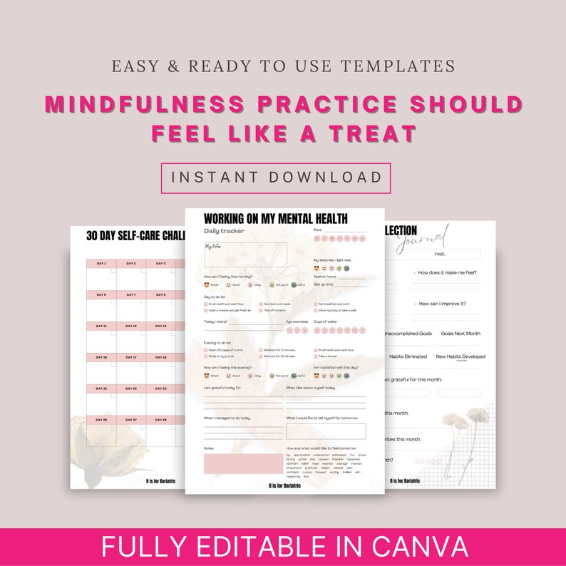 May include: A digital download featuring three printable templates for self-care and mental health. The templates include a 30-day self-care challenge, a daily tracker, and a journal. The text reads "Mindfulness Practice Should Feel Like a Treat."
