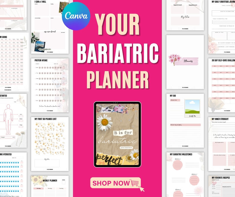 May include: A pink and white bariatric planner with various pages for tracking goals, appointments, and recipes. The cover features the text "Your Bariatric Planner" and a tablet with the words "B is for bariatric" and "perfect".